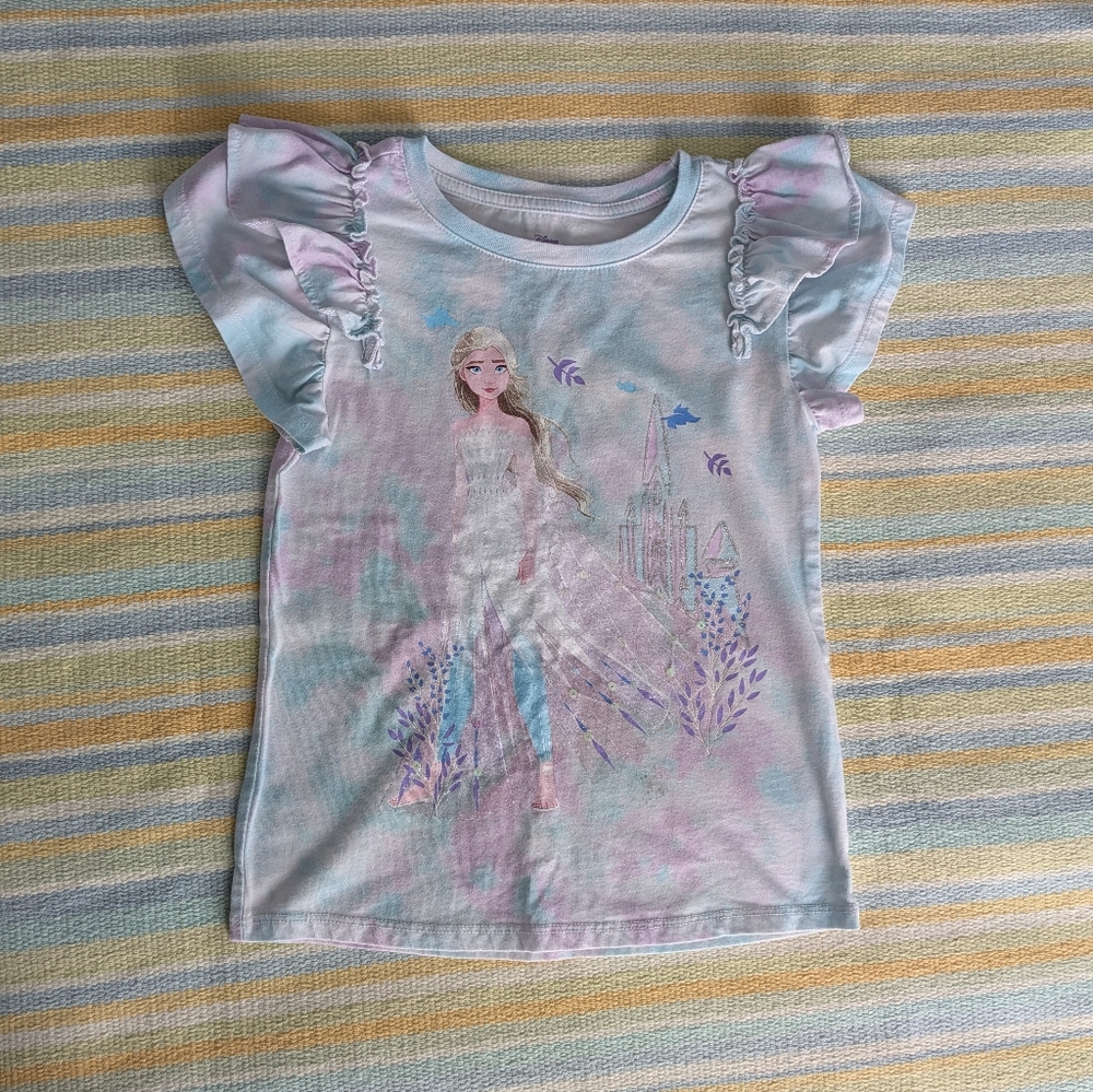 Frozen II Tie Dye Ruffle Sleeve Graphic Print Tee Small 6/6X
